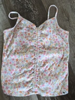 abercrombie kids Floral Ruched Tank Top in White, Pink, Orange, Yellow, Brown
